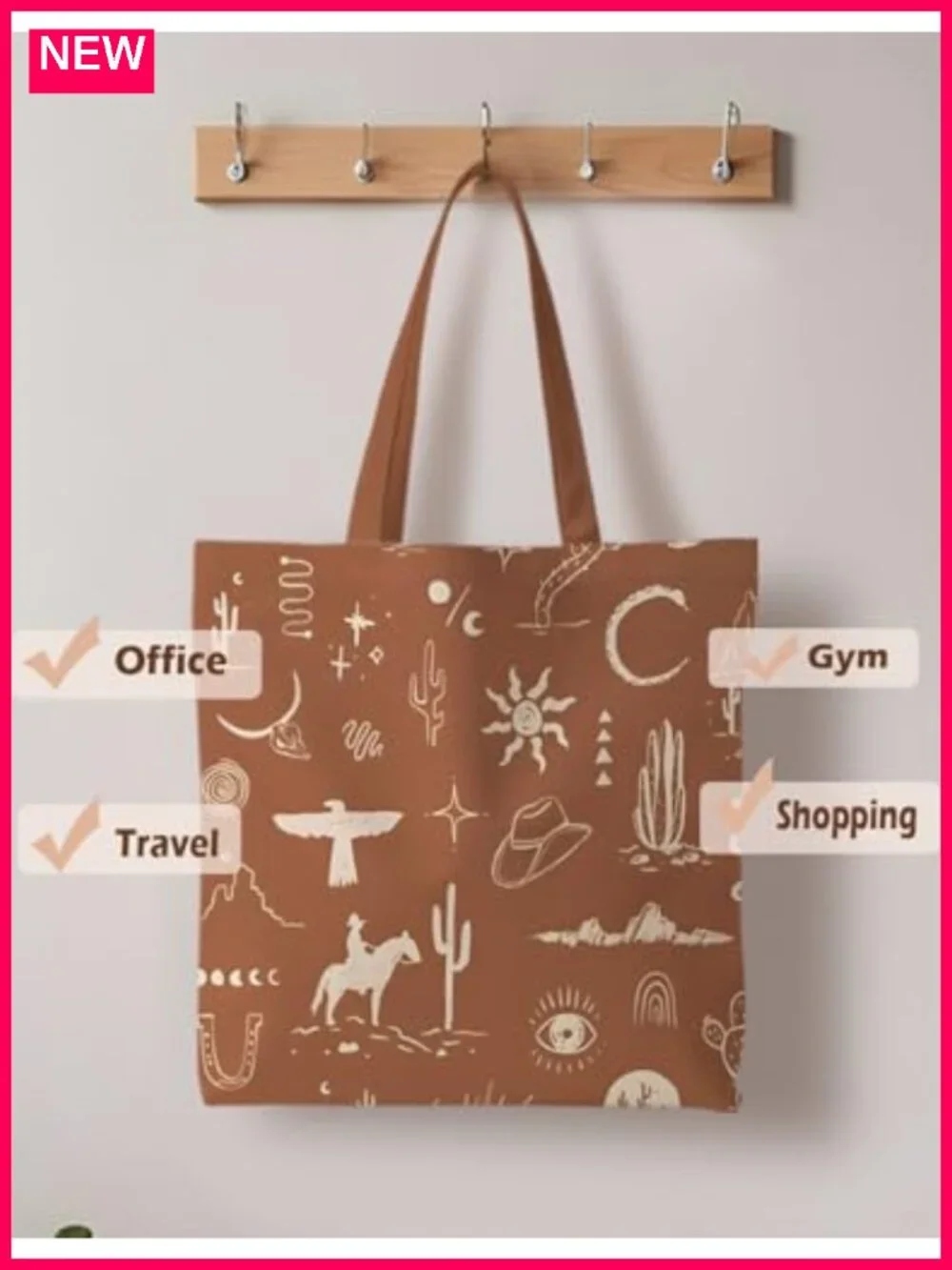 Canvas Tote Bag with Cowgirl Print, Reusable Grocery Tote